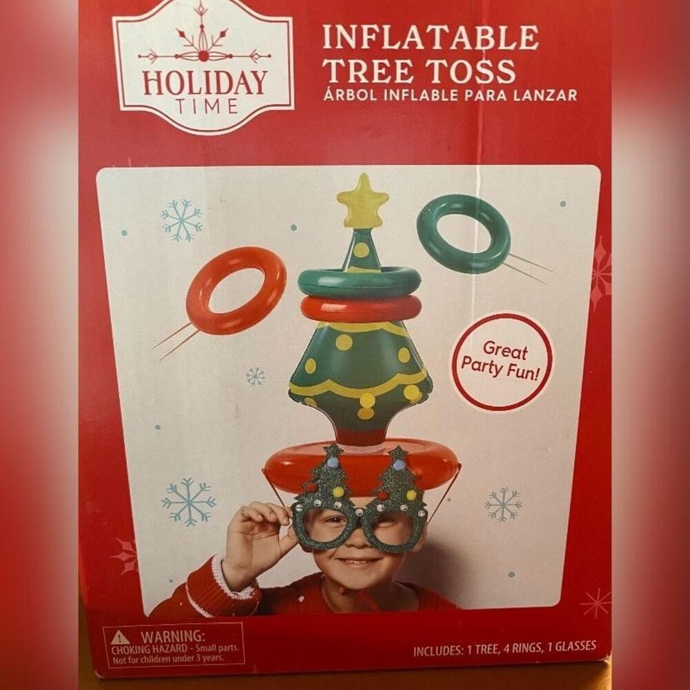 Holiday Time Inflatable Tree Toss Game Christmas Party Family Set 4 Rings Glasse